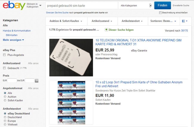 Bei Ebay findet man gebrauchte und bereits aktivierte SIM-Karten. (Bildquelle: GIGA)
