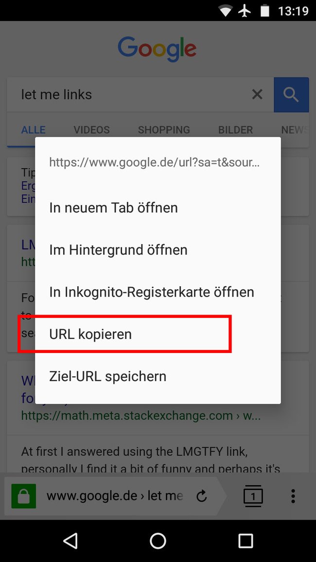 Am Smartphone müsst ihr die Ziel-URL des Links erst in die Zwischenablage kopieren, um sie zu sehen. (Bildquelle: GIGA)