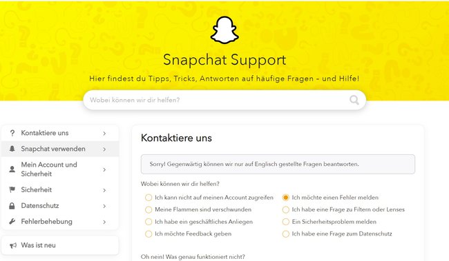 snapchat-support-seite