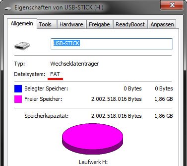 Windows zeigt als Dateisystem FAT (FAT16) an.