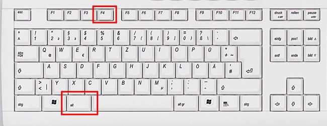 Hier findet ihr die Tasten Alt + F4, um Fenster und Programme zu schließen.