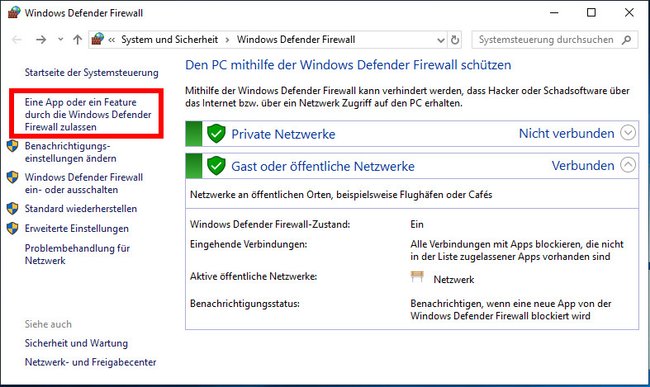 Klickt hier, um der Firewall Ausnahmen hinzuzufügen.