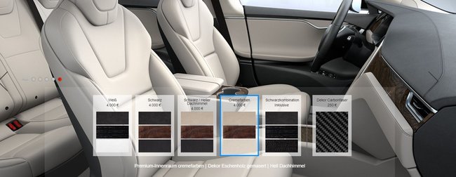 Der Konfigurator des Tesla Model S bietet keine Lederausstattung mehr an (Quelle: Screenshot Tesla)