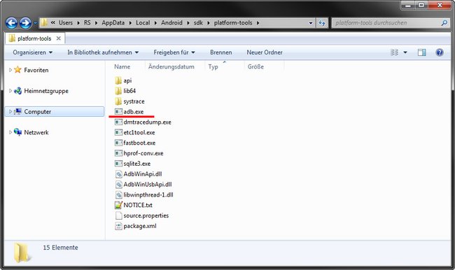 Ein möglicher Speicherort der Datei adb.exe.