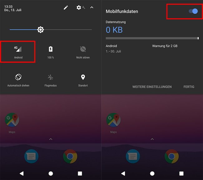 Über die Schnelleinstellungen könnt ihr die mobilen Daten auch ein- oder ausschalten.