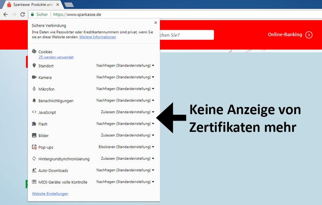 Neuerdings zeigt Chrome hier keine Infos über Zertifikate mehr an.