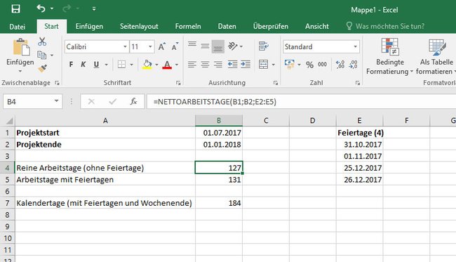 In unserem Beispiel liegen zwischen den Datumsangaben 127 Arbeitstage.