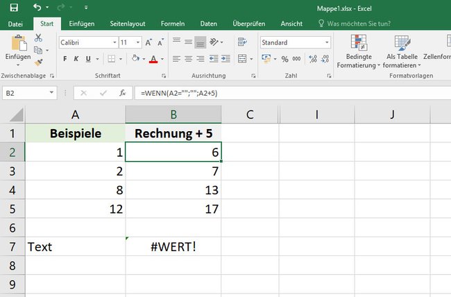 Wenn die Zelle nicht leer ist, soll Excel 5 addieren.