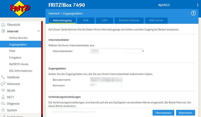 Prüft, ob die Internetzugangsdaten richtig eingetragen sind.