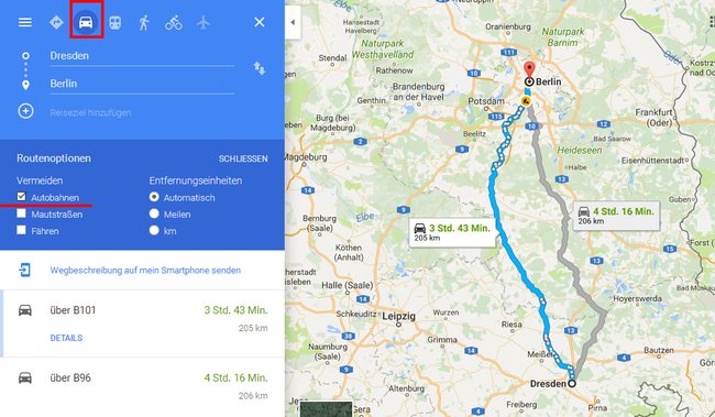 Am PC könnt ihr in Google Maps hier die Autobahnen vermeiden.