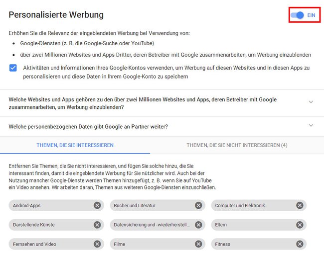 Hier deaktiviert ihr personalisierte Werbung von Google.