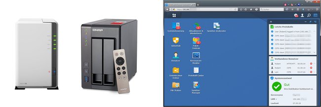 Ein NAS ein großer Netzwerk- und Internetspeicher. Rechts seht ihr die Benutzeroberfläche eines Synology NAS. Bildquellen NAS: Synology, Qnap