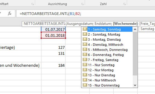 Der dritte Paramter bestimmt anhand einer Zahl, welche Tage das Wochenende sind.