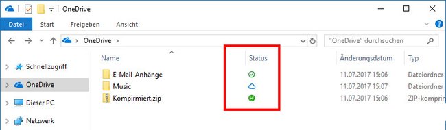 OneDrive-Dateien können drei verschiedene Status haben.