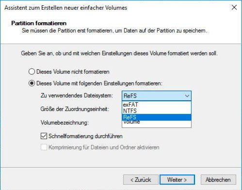 Datenträger könnt ihr nur in Windows-Server-Versionen als ReFS formatieren. Bildquelle: storage-insider.de