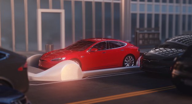 Tesla-Boss testet Tunnel-Aufzug: So verschwindet ein Auto im Untergrund