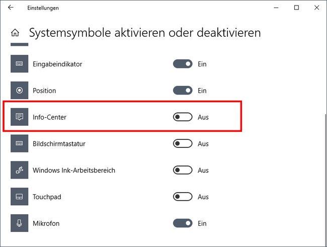 Hier deaktiviert ihr das Info-Center. Bild: GIGA