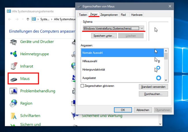 Hier stellt ihr den Standard-Maus-Cursor wieder her. (Bildquelle: GIGA)