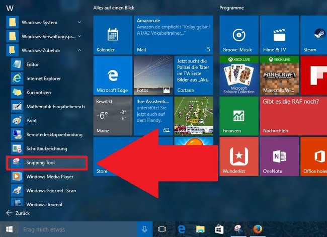 Das Snipping-Tool findet ihr im Unterordner „Windows-Zubehör“.