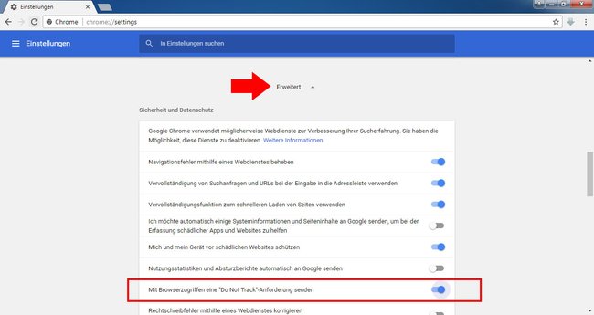 Hier aktiviert ihr „Do Not Track“ in Chrome