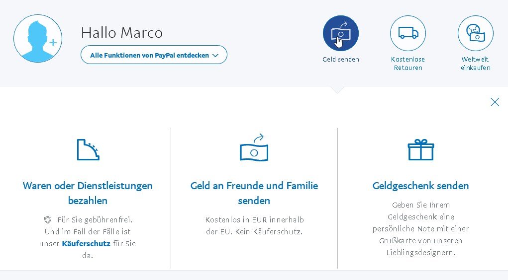 PayPalÜberweisung Geld senden, abbuchen, Guthaben aufladen