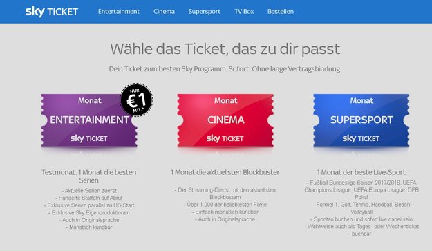 Sky Ticket: Kosten des Entertainment-, Cinema- & Sport-Pakets