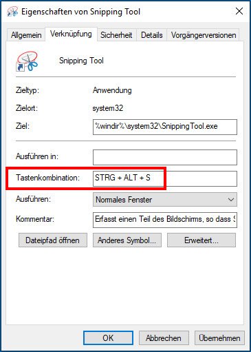 Mit einer selbstgewählten Tastenkombination öffnet ihr das Snipping-Tool in Windows 10 noch schneller.