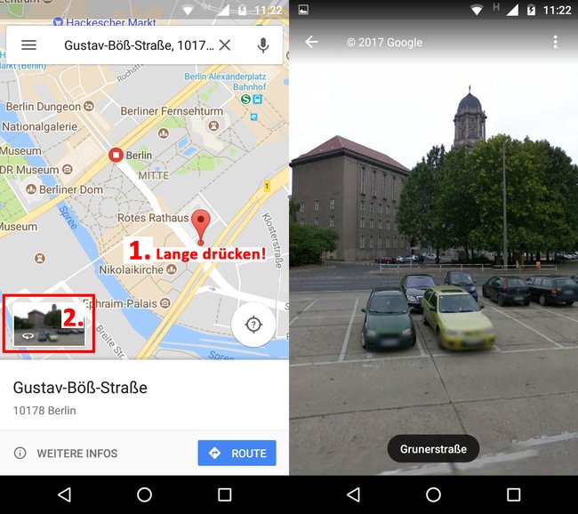 In Android müsst ihr erst die Ortsnadel setzen, bevor ihr Street View öffnen könnt