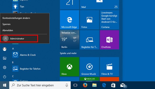 In Windows 10 klickt ihr auf das Profilbild, um zum Administratorkonto zu wechseln. Bild: GIGA