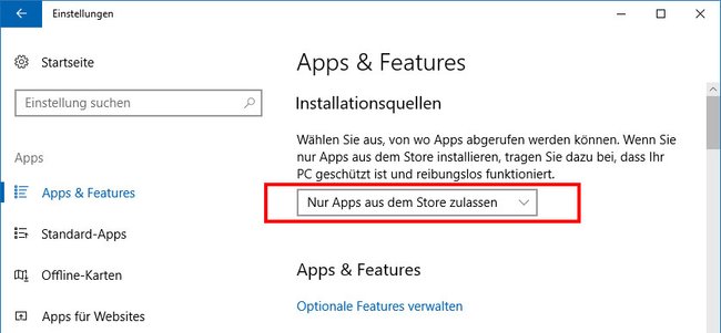 Hier könnt ihr einstellen, dass nur Apps aus dem Windows Store zugelassen sind.