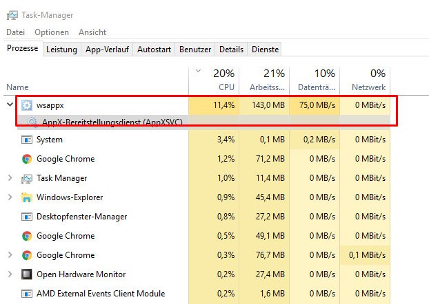 Wsappx sorgt für eine hohe Datenträgerauslastung. Bildquelle: winboard.org - User CheeZe