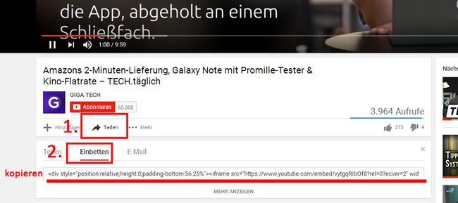 Hier bekommt ihr den Einbettungscode des YouTube-Videos