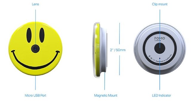 Die FOMOcamera lässt sich aus einiger Entfernung kaum von einem herkömmlichen Ansteck-Button unterscheiden (Quelle: FOMO / Kickstarter)