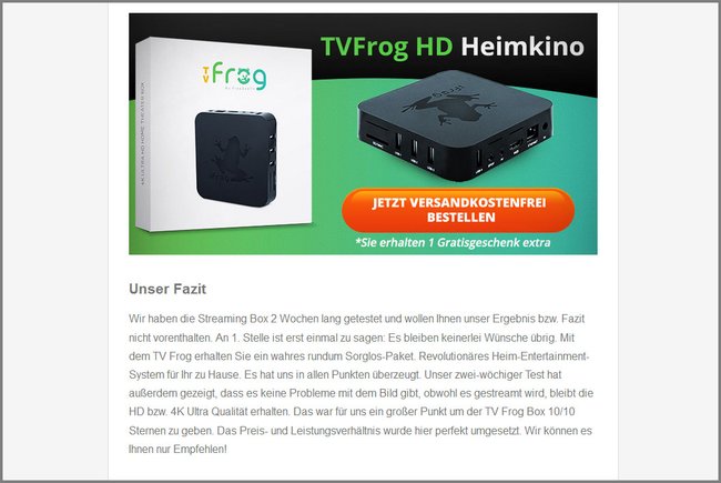 Der Vertreiber der TV-Frog-Box ist von dem Gerät begeistert. Wen wundert's? Bildquelle: www.tvfrogbox.com