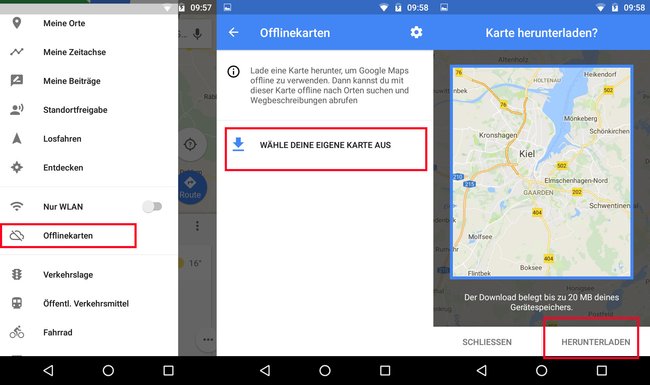 Google-Maps-Karten lassen sich herunterladen, um Datenvolumen zu sparen.