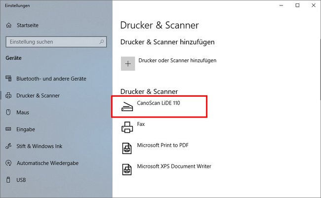 Windows 10 hat den Scanner erkannt. Er ist einsatzbereit. Bild: GIGA