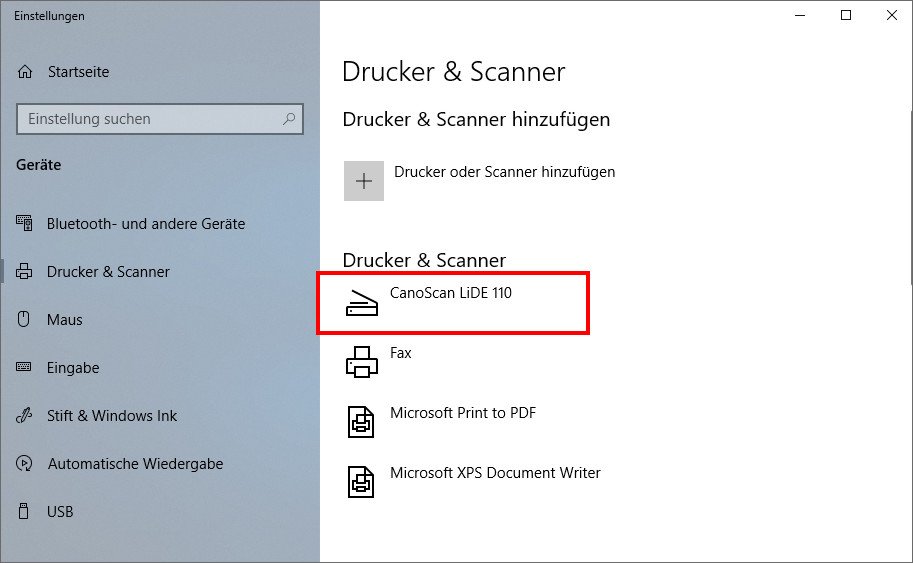 Windows 10 hat den Scanner erkannt. Er ist einsatzbereit. Bild: GIGA