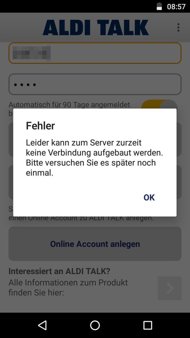 Die Aldi-Talk-App kann sich nicht verbinden