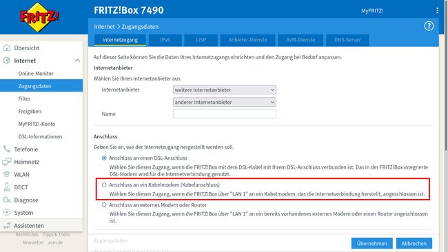 Fritzbox: Hier konfiguriert ihr den LAN-1-Port als WAN-Port. (Bildquelle: GIGA)