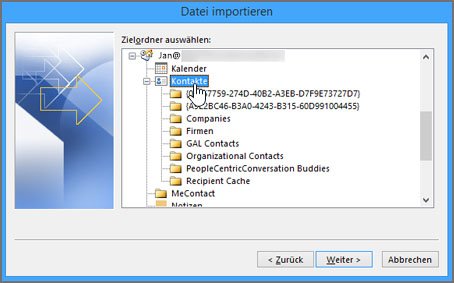 Wählt den Kontakt-Ordner des Kontos, das die Kontakte aufnehmen soll. Bildquelle: Microsoft
