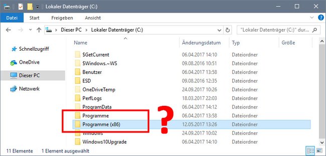 Im Windows-Verzeichnis liegen die Ordner „Programme x86“ und „Programme“. BIldquelle: GIGA