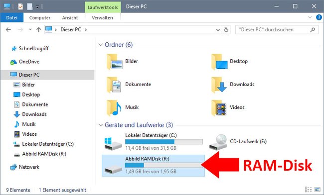 Der Windows-Explorer zeigt die RAM-Disk als neues Laufwerk an
