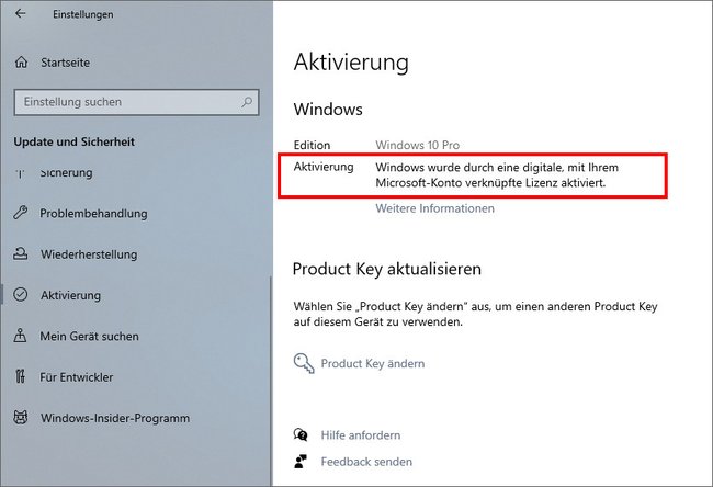 Dieses Windows 10 wurde mit einer digitalen Lizenz mittels Microsoft-Konto aktiviert, wodurch sich kein vernünftiger Windows-Key auslesen lässt. Bild: GIGA