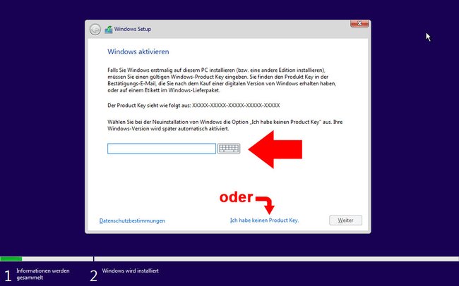 Gebt den Key bei der Installation ein oder klickt auf „Ich habe keinen Product Key“. Bild: GIGA