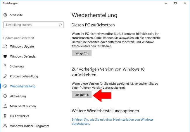 Hier stellt ihr die vorherige Windows-10-Version wieder her