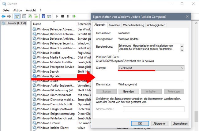 Deaktiviert hier den Windows-Update-Dienst