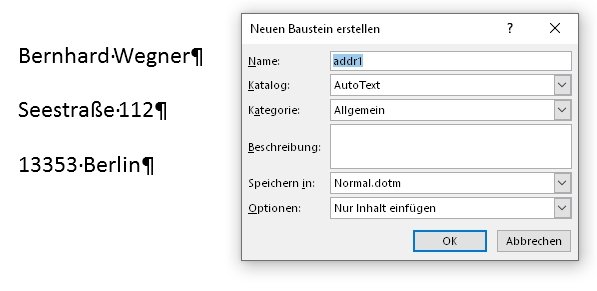 Screenshot: Anlegen eines Textbausteins in Word