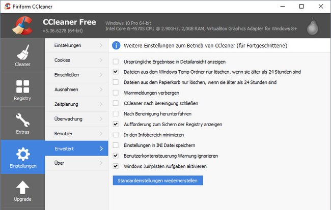 Hier bestimmt ihr, wie CCleaner bei der Säuberung arbeitet