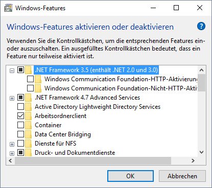 Hier aktiviert ihr das .NET Framework 3.5