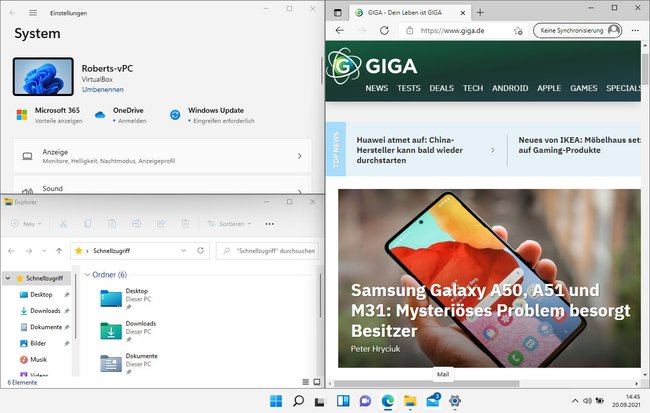 Windows 11 positioniert Fenster in Ecken genauso wie unter Windows 10. Bild: GIGA